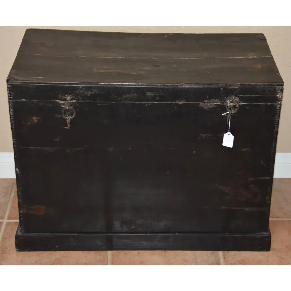 Antique Chinese Lacquer Hand Painted Coffer Carved Elm Wood Chest/Trunk